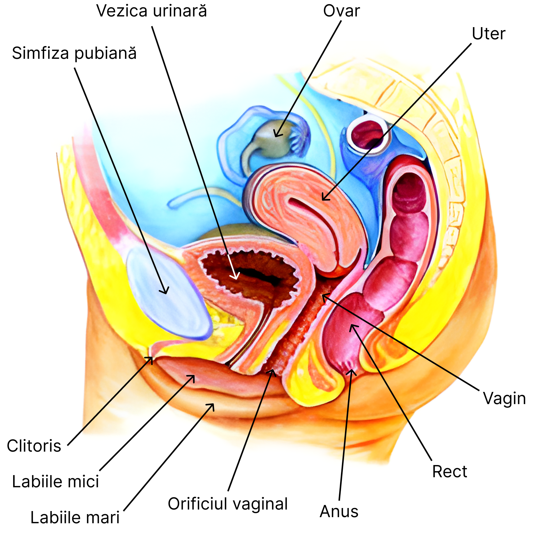 Aparatul genital feminin în plan sagital.