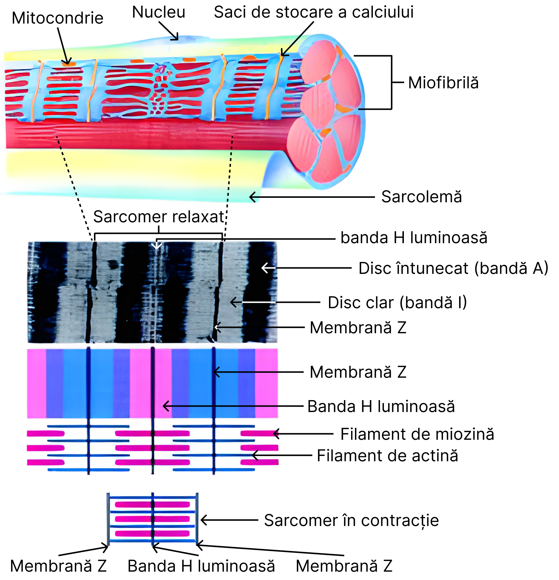 Mecanismul contracției cu formarea complexelor actină-miozină. <b>Banda H luminoasă</b> este spațiul delimitat de fibrele de actină (are doar filamentele groase de miozină). <b>Discul clar (banda I)</b> conține doar filamentele de actină. <b>Discul întunecat (banda A)</b> cuprinde filamente miozină și capetele actinei. 