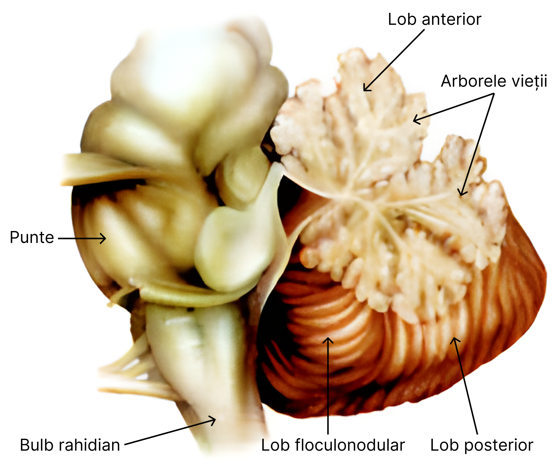 Lobulația cerebelului (vedere din lateral) - lob posterior, lob anterior, lob floculonodular.