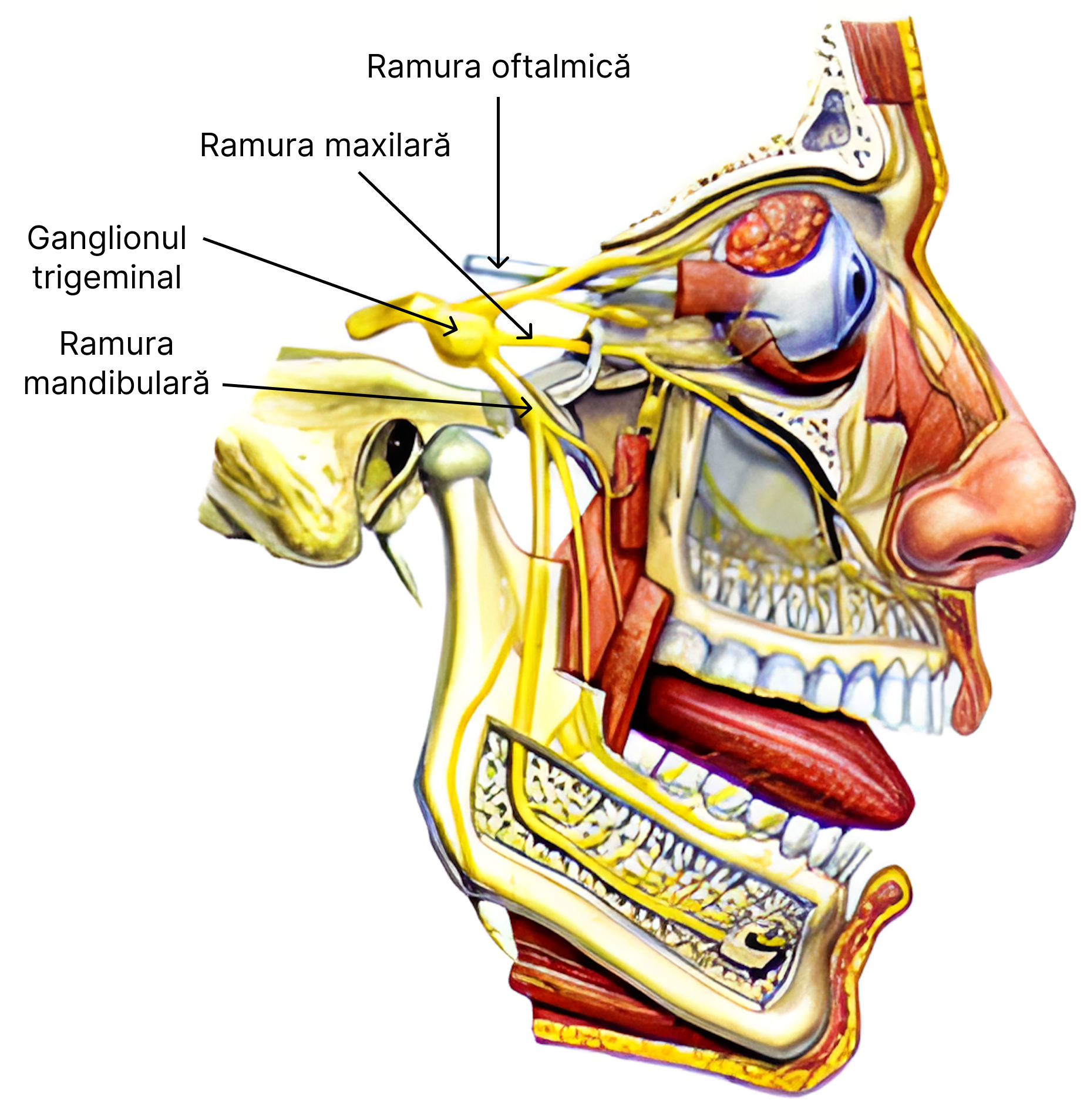 Distribuția ramurilor nervului cranian V (trigemen). Pe imagine se observă distribuția <b>ramurii oftalmice senzitive</b> la nivelul mușchiului frontal, glandei lacrimale, scleroticii (partea superioară) și distribuția <b>ramurii maxilare senzitive</b> la nivelul mușchilor extrinseci ai ochiului, scleroticii (partea inferioară), dinților superiori, musculaturii feței. Ramura mandibulară care este mixtă, se observă cum se distribuie dinților inferiori, limbii și musculaturii din partea inferioară a feței. 