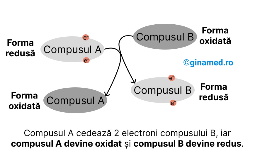 Reacția de oxido-reducere (A este oxidat, B este redus).