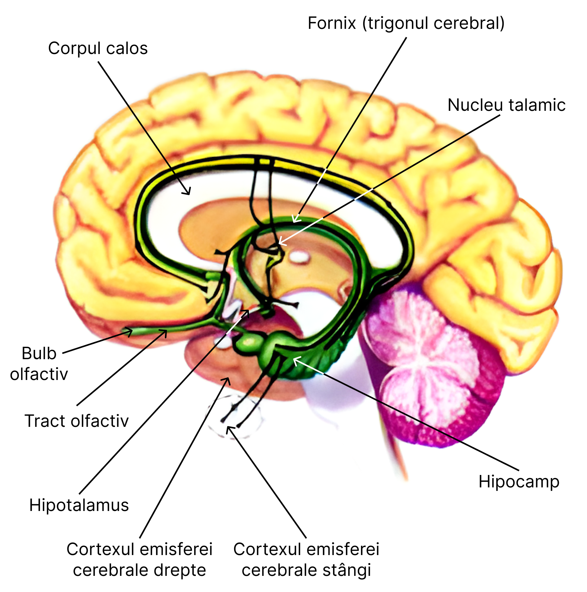 Sistemul limbic. (Completare: De pe imagine se observă cum fibre nervoase cu originea în hipocamp stabilesc sinapse cu nucleul talamic, cortexul emisferei cerebrale drepte, baza emisferei cerebrale drepte (se observă pe fața medială a emisferei). De asemenea, hipocampul stabilește legături cu cortexul emisferei cerebrale stângi. Totodată, de pe imagine se remarcă legătura hipocampului cu tracturile olfactive (printre care și bulbul olfactiv))