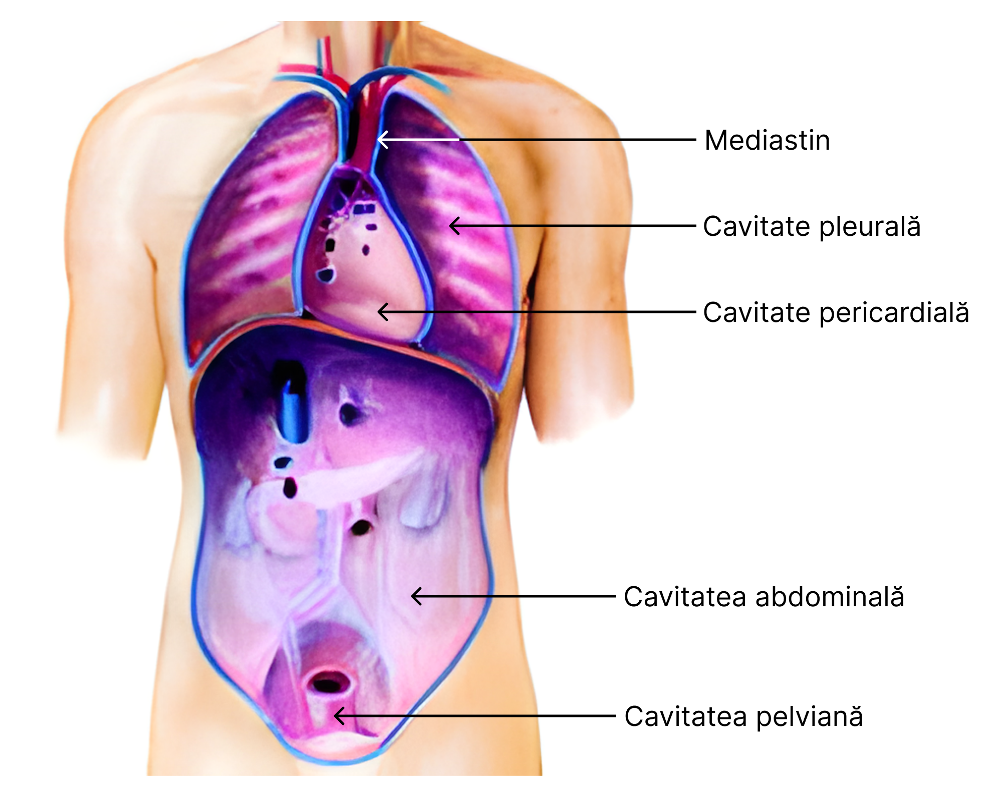 Vedere anterioară a cavităților trunchiului: cavitatea toracică (cu mediastin, cavitate pleurală și cavitate pericardică); cavitatea abdominală și cavitatea pelviană.